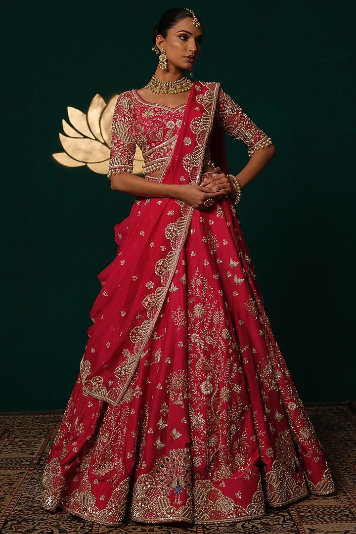 Red Silk Floral Motif & Zardosi Embroidered Bridal Lehenga Set by Niloufer by Aasif Ally at Pernia's Pop Up Shop