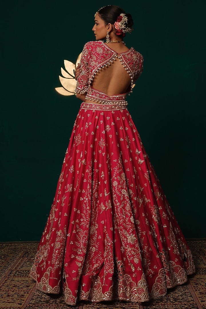 Red Silk Floral Motif & Zardosi Embroidered Bridal Lehenga Set by Niloufer by Aasif Ally at Pernia's Pop Up Shop