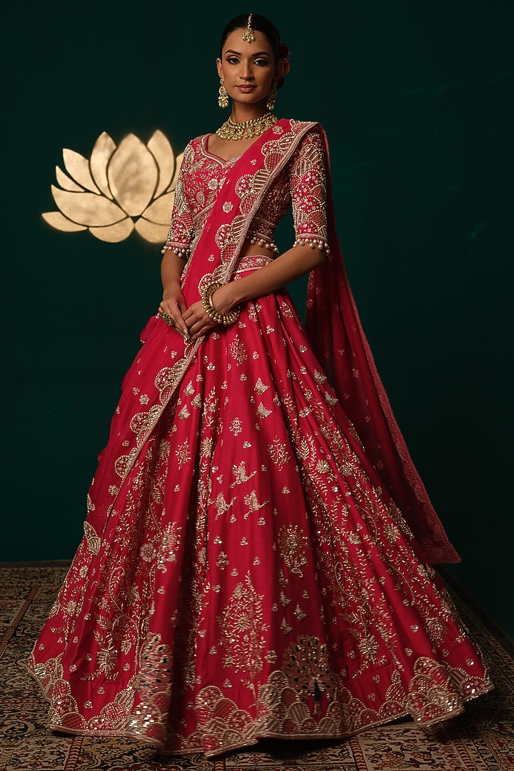 Red Silk Floral Motif & Zardosi Embroidered Bridal Lehenga Set by Niloufer by Aasif Ally at Pernia's Pop Up Shop