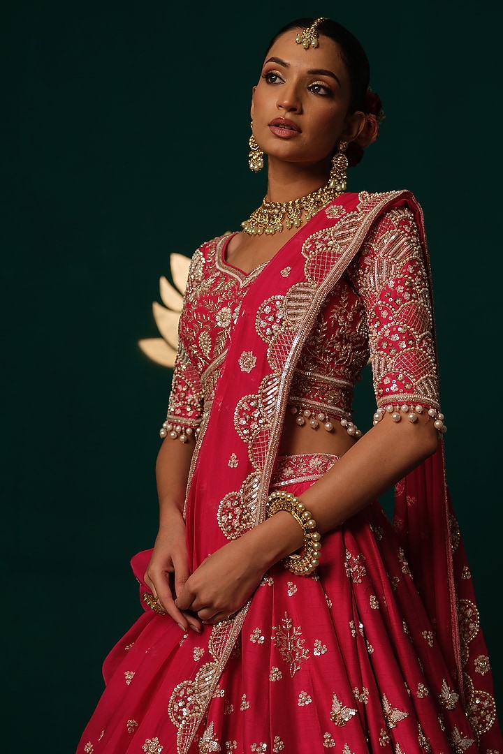 Red Silk Floral Motif & Zardosi Embroidered Bridal Lehenga Set by Niloufer by Aasif Ally at Pernia's Pop Up Shop