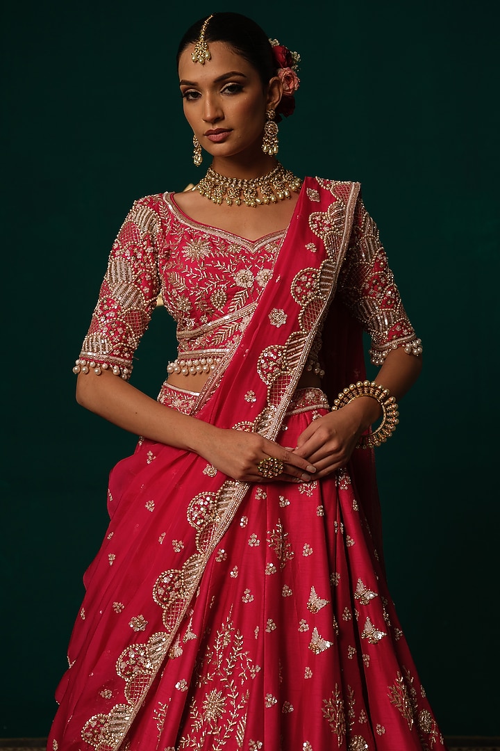Red Silk Floral Motif & Zardosi Embroidered Bridal Lehenga Set by Niloufer by Aasif Ally at Pernia's Pop Up Shop