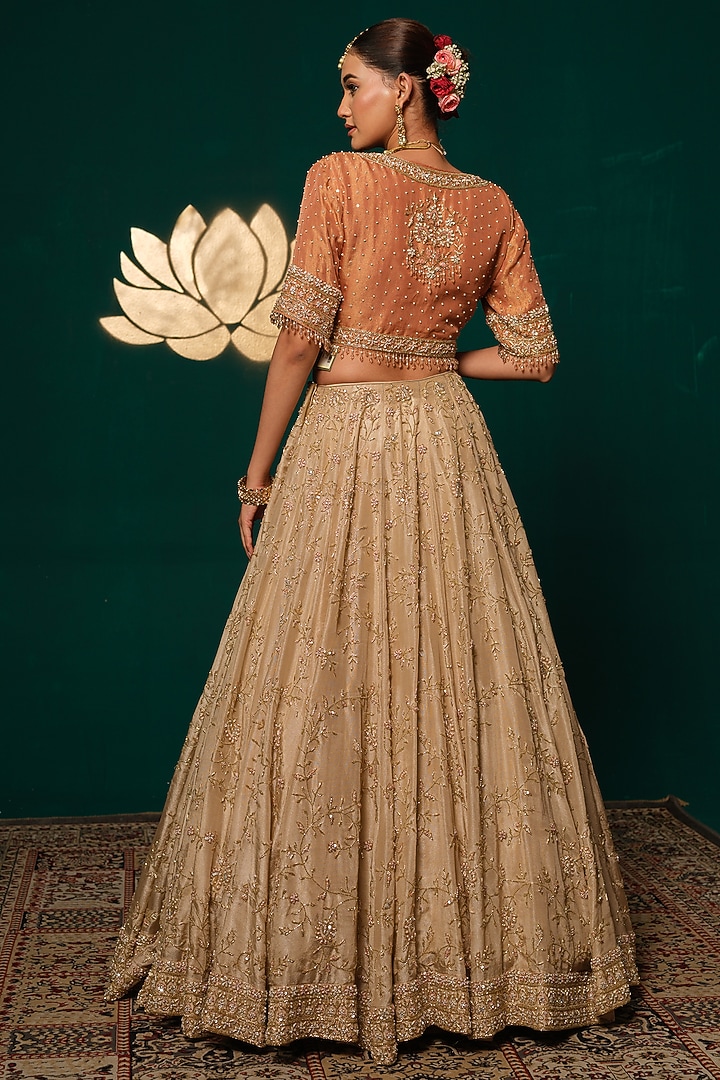 Cream Shimmer Tissue Floral & Cutdana Embroidered Bridal Lehenga Set by Niloufer by Aasif Ally at Pernia's Pop Up Shop
