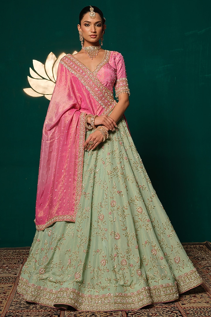 Pastel Green Shimmer Tissue Floral Motif Embroidered Bridal Lehenga Set by Niloufer by Aasif Ally at Pernia's Pop Up Shop