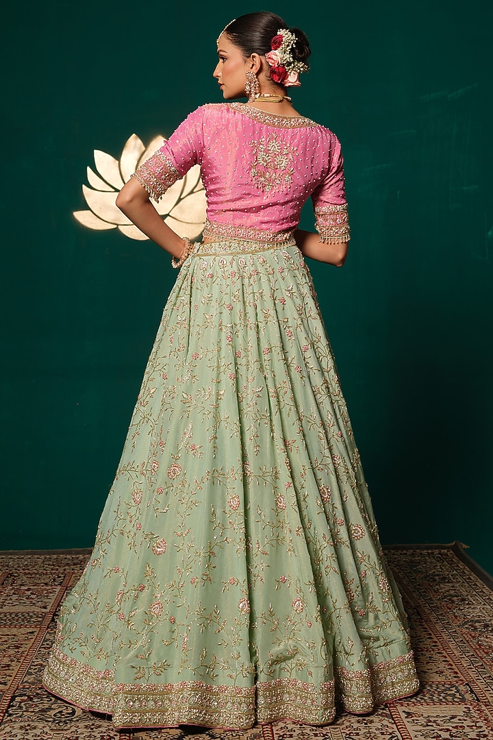 Pastel Green Shimmer Tissue Floral Motif Embroidered Bridal Lehenga Set by Niloufer by Aasif Ally at Pernia's Pop Up Shop