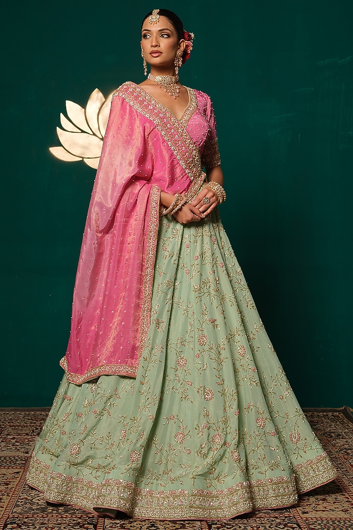 Pastel Green Shimmer Tissue Floral Motif Embroidered Bridal Lehenga Set by Niloufer by Aasif Ally at Pernia's Pop Up Shop