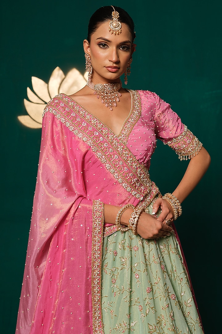 Pastel Green Shimmer Tissue Floral Motif Embroidered Bridal Lehenga Set by Niloufer by Aasif Ally at Pernia's Pop Up Shop