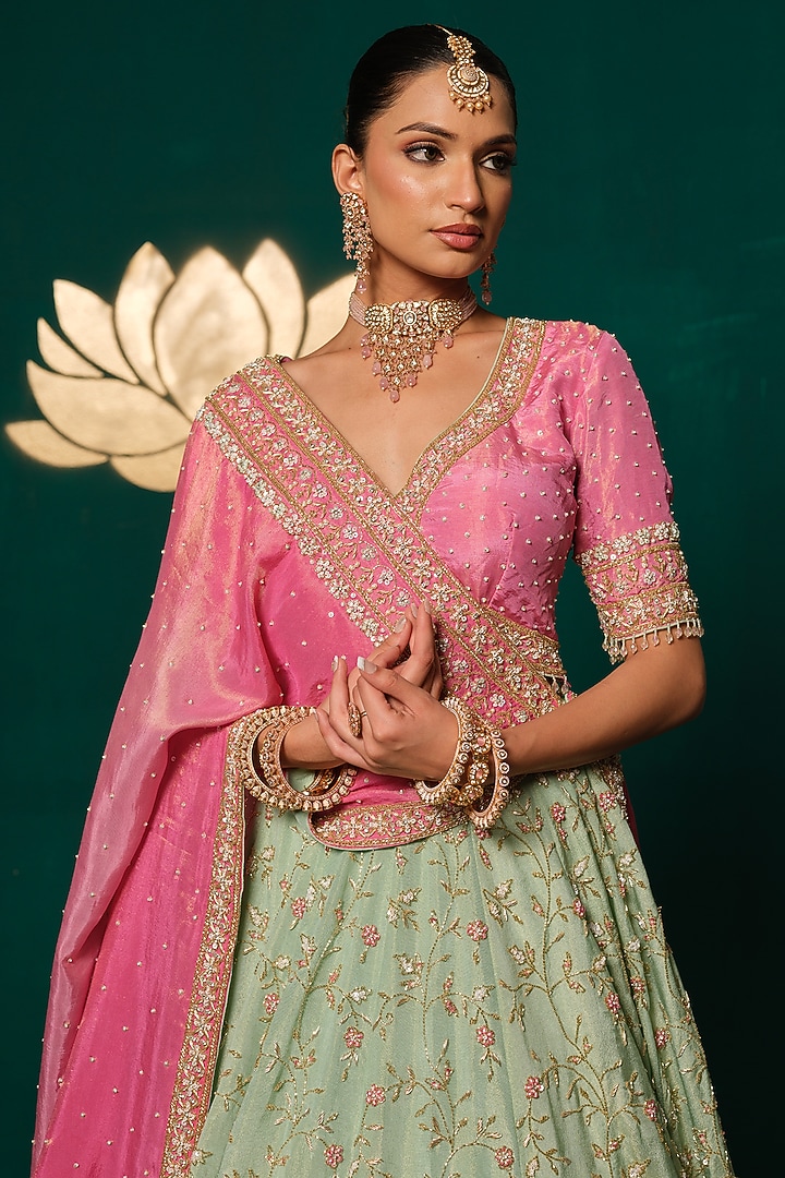 Pastel Green Shimmer Tissue Floral Motif Embroidered Bridal Lehenga Set by Niloufer by Aasif Ally at Pernia's Pop Up Shop