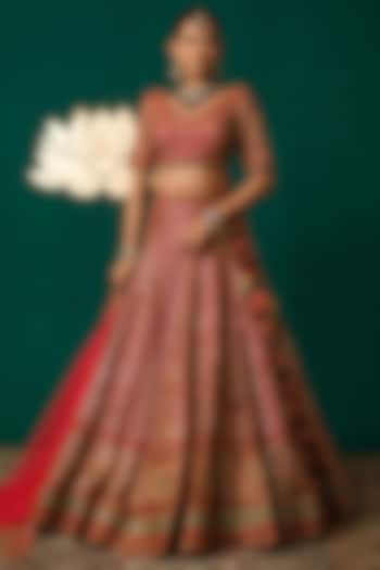 Deep Red Silk Thread & Zari Embroidered Bridal Lehenga Set by Niloufer by Aasif Ally at Pernia's Pop Up Shop
