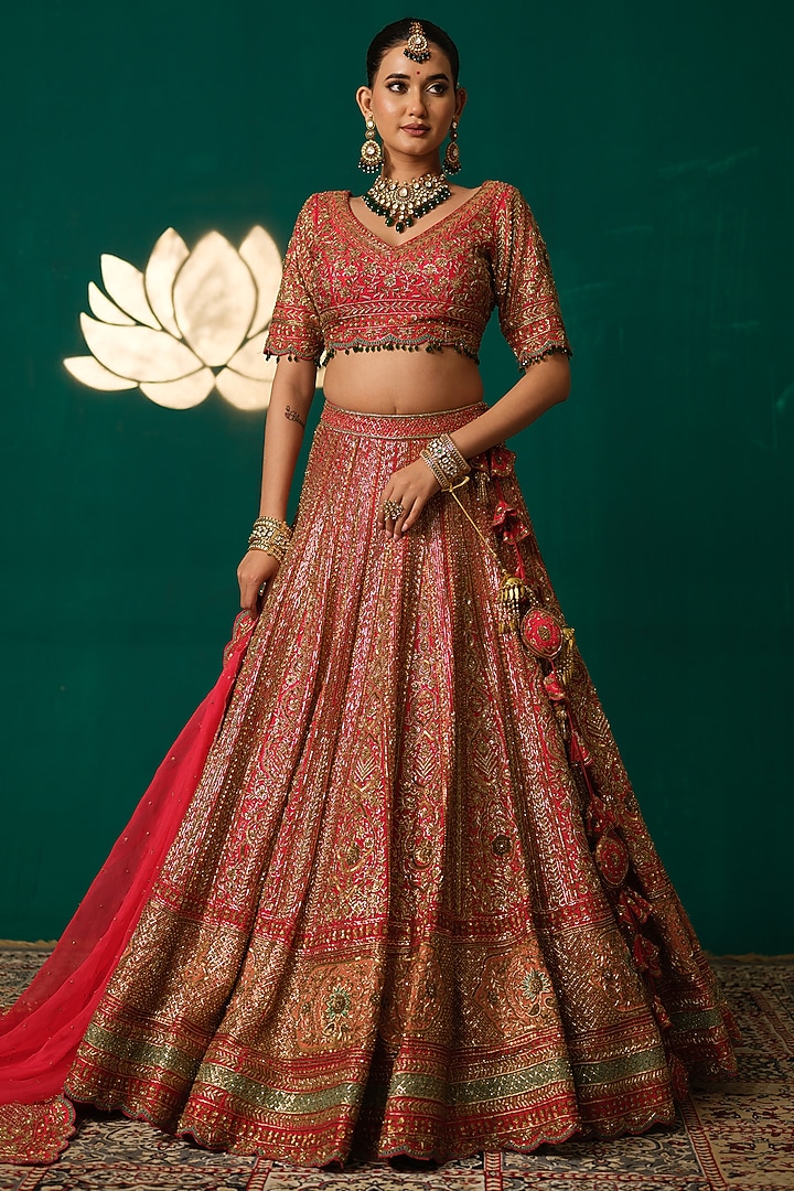 Deep Red Silk Thread & Zari Embroidered Bridal Lehenga Set by Niloufer by Aasif Ally at Pernia's Pop Up Shop