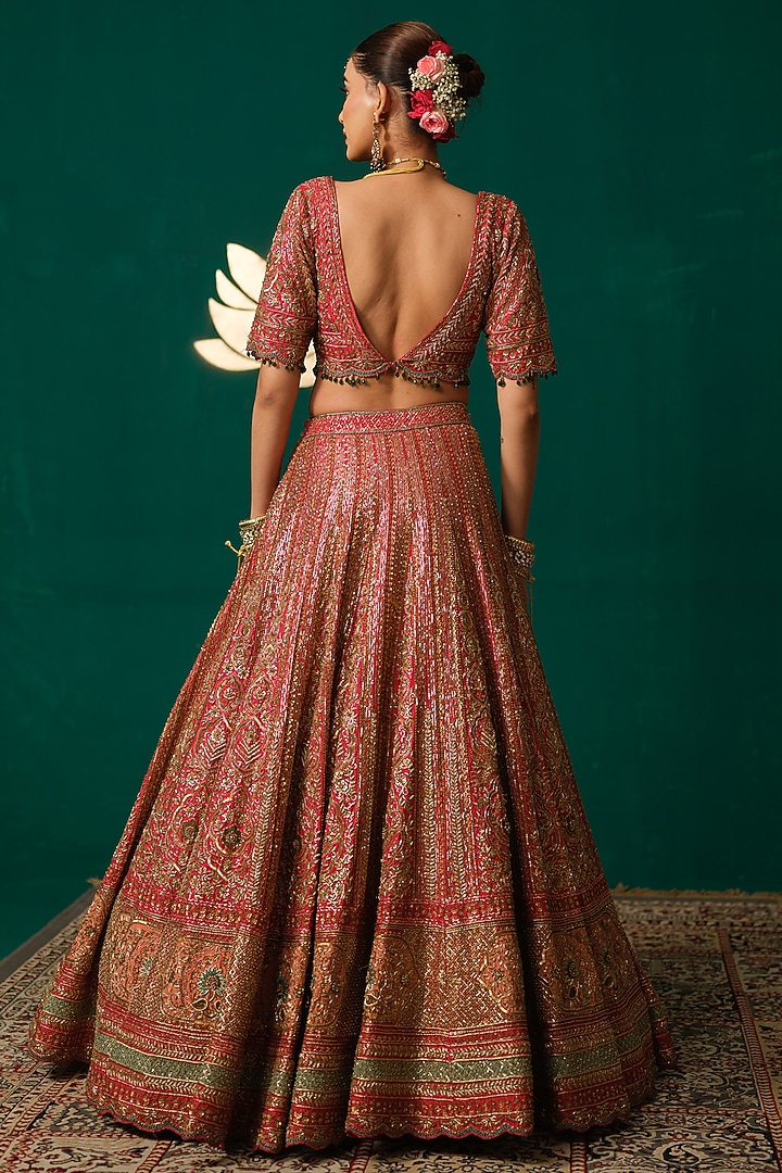 Deep Red Silk Thread & Zari Embroidered Bridal Lehenga Set by Niloufer by Aasif Ally at Pernia's Pop Up Shop