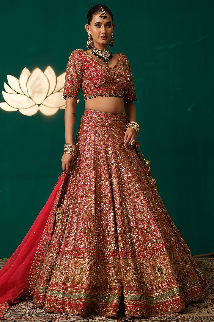 Deep Red Silk Thread & Zari Embroidered Bridal Lehenga Set by Niloufer by Aasif Ally at Pernia's Pop Up Shop