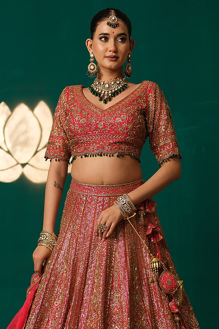 Deep Red Silk Thread & Zari Embroidered Bridal Lehenga Set by Niloufer by Aasif Ally at Pernia's Pop Up Shop