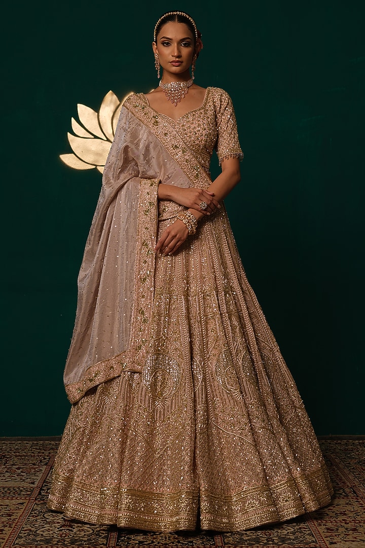Light Pink Shimmer Tissue Sequin & Zardosi Embroidered Bridal Lehenga Set by Niloufer by Aasif Ally at Pernia's Pop Up Shop