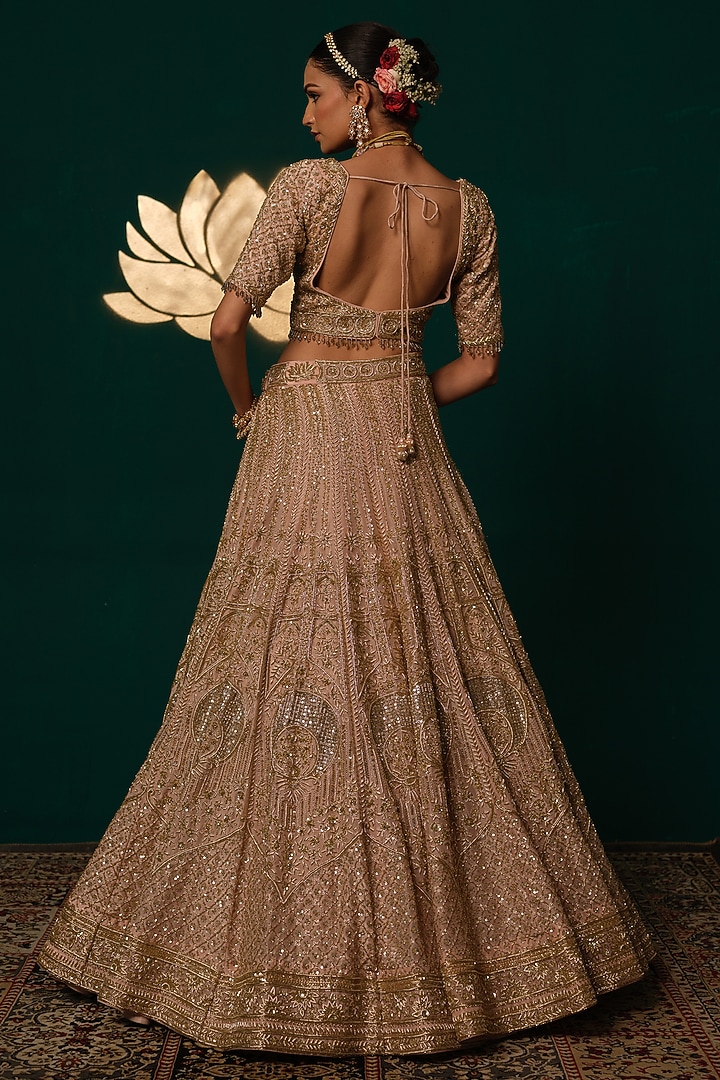 Light Pink Shimmer Tissue Sequin & Zardosi Embroidered Bridal Lehenga Set by Niloufer by Aasif Ally at Pernia's Pop Up Shop