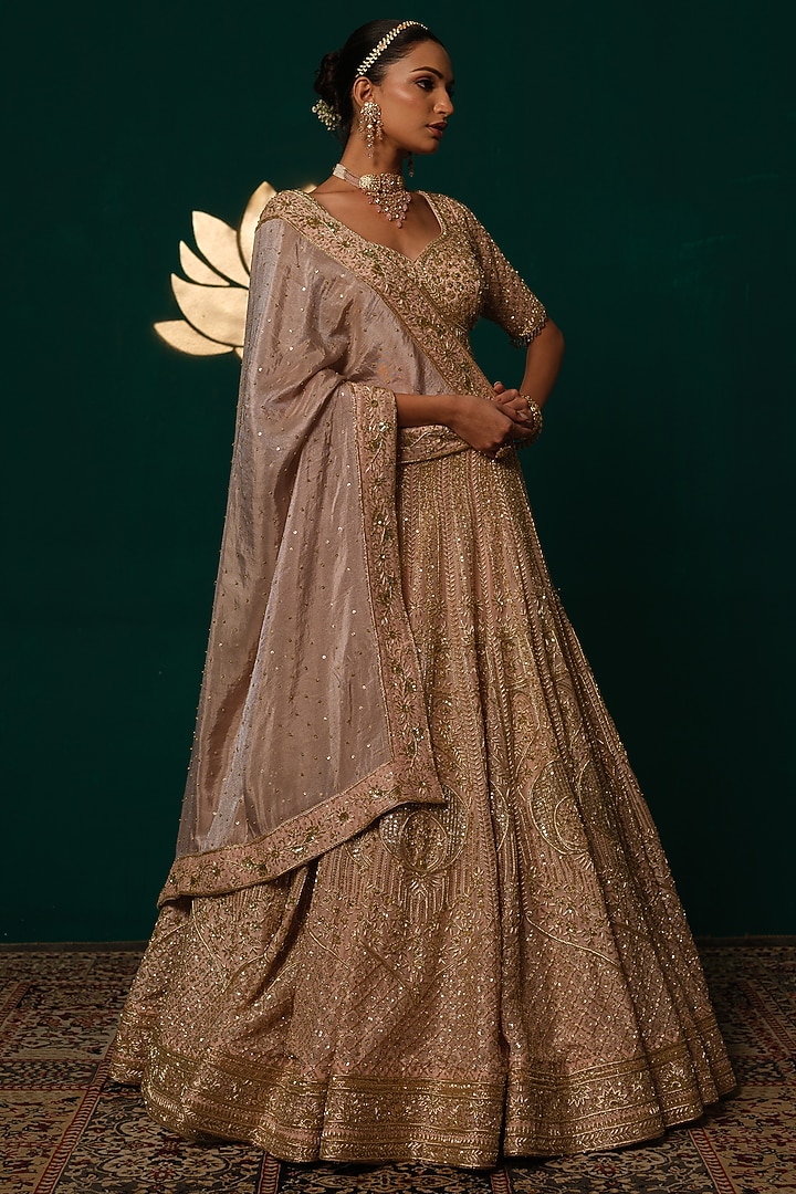 Light Pink Shimmer Tissue Sequin & Zardosi Embroidered Bridal Lehenga Set by Niloufer by Aasif Ally at Pernia's Pop Up Shop