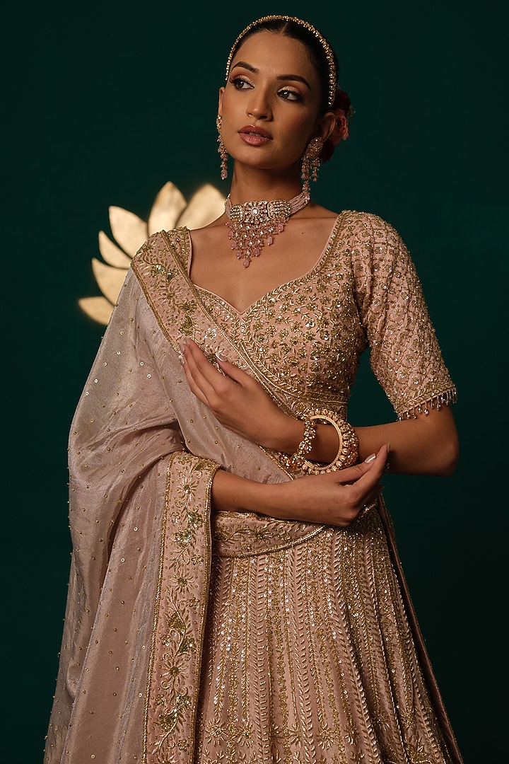 Light Pink Shimmer Tissue Sequin & Zardosi Embroidered Bridal Lehenga Set by Niloufer by Aasif Ally at Pernia's Pop Up Shop