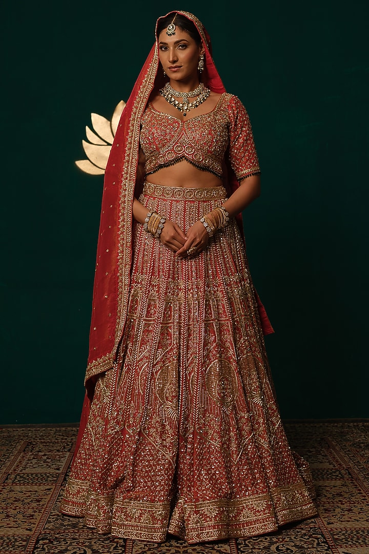 Orange Shimmer Tissue Zari & Thread Hand Embroidered Bridal Lehenga Set by Niloufer by Aasif Ally at Pernia's Pop Up Shop