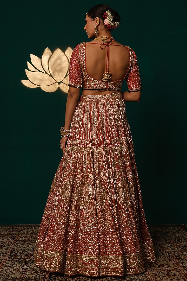 Orange Shimmer Tissue Zari & Thread Hand Embroidered Bridal Lehenga Set by Niloufer by Aasif Ally at Pernia's Pop Up Shop