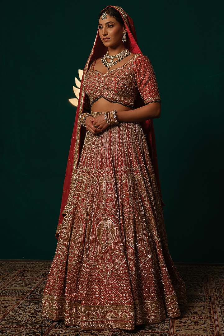 Orange Shimmer Tissue Zari & Thread Hand Embroidered Bridal Lehenga Set by Niloufer by Aasif Ally at Pernia's Pop Up Shop