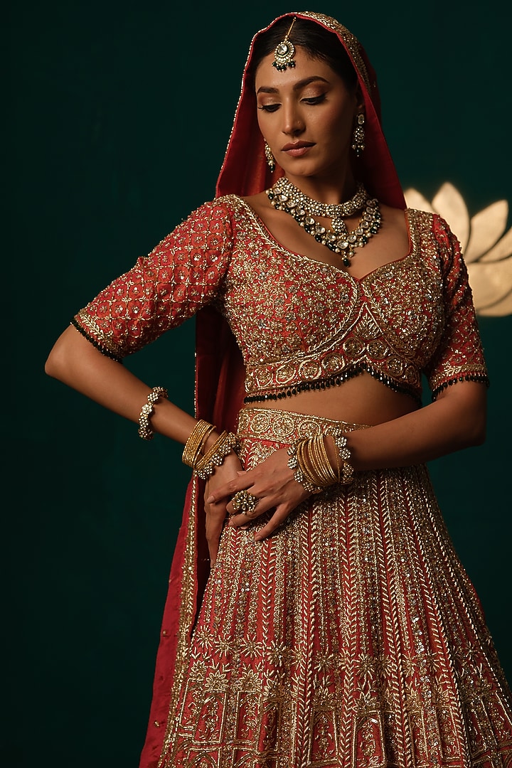 Orange Shimmer Tissue Zari & Thread Hand Embroidered Bridal Lehenga Set by Niloufer by Aasif Ally at Pernia's Pop Up Shop
