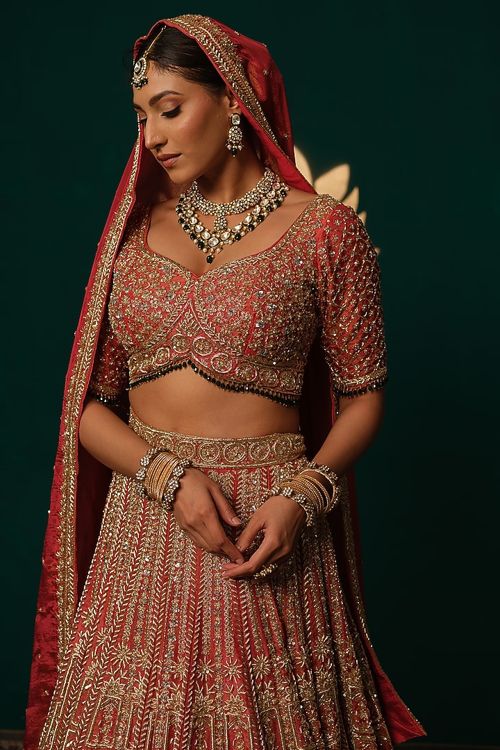 Orange Shimmer Tissue Zari & Thread Hand Embroidered Bridal Lehenga Set by Niloufer by Aasif Ally at Pernia's Pop Up Shop