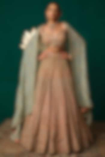 Pastel Peach Shimmer Tissue Bead & Thread Embroidered Bridal Lehenga Set by Niloufer by Aasif Ally at Pernia's Pop Up Shop