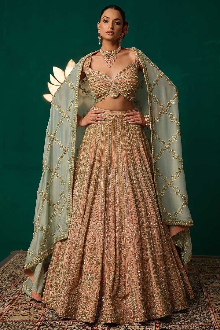Pastel Peach Shimmer Tissue Bead & Thread Embroidered Bridal Lehenga Set by Niloufer by Aasif Ally at Pernia's Pop Up Shop
