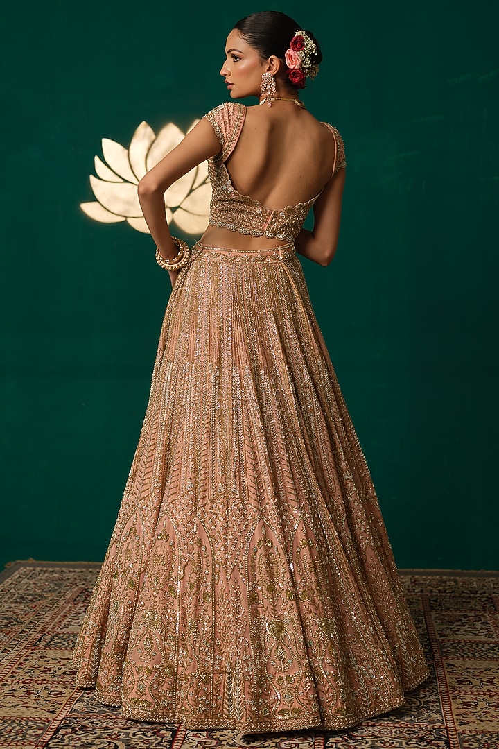 Pastel Peach Shimmer Tissue Bead & Thread Embroidered Bridal Lehenga Set by Niloufer by Aasif Ally at Pernia's Pop Up Shop