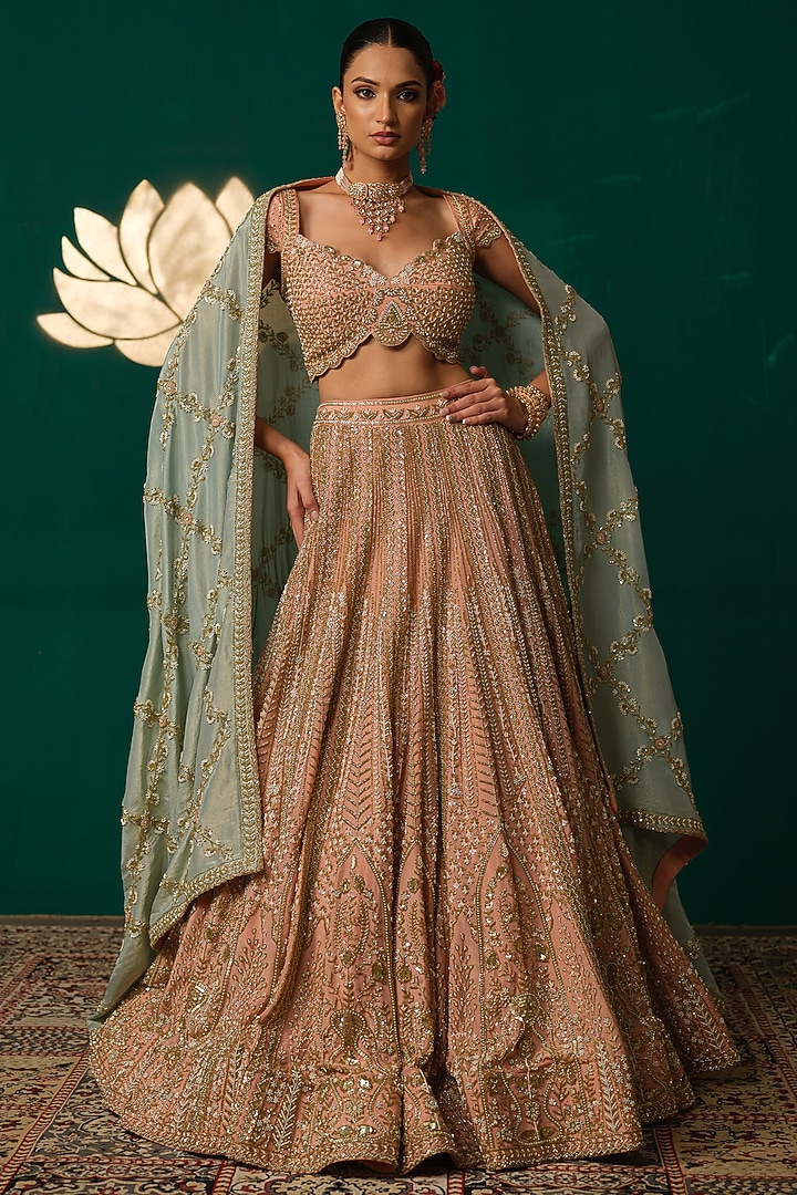Pastel Peach Shimmer Tissue Bead & Thread Embroidered Bridal Lehenga Set by Niloufer by Aasif Ally at Pernia's Pop Up Shop
