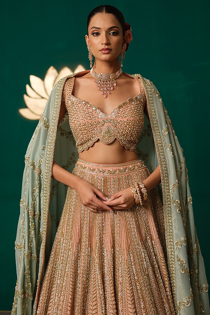 Pastel Peach Shimmer Tissue Bead & Thread Embroidered Bridal Lehenga Set by Niloufer by Aasif Ally at Pernia's Pop Up Shop
