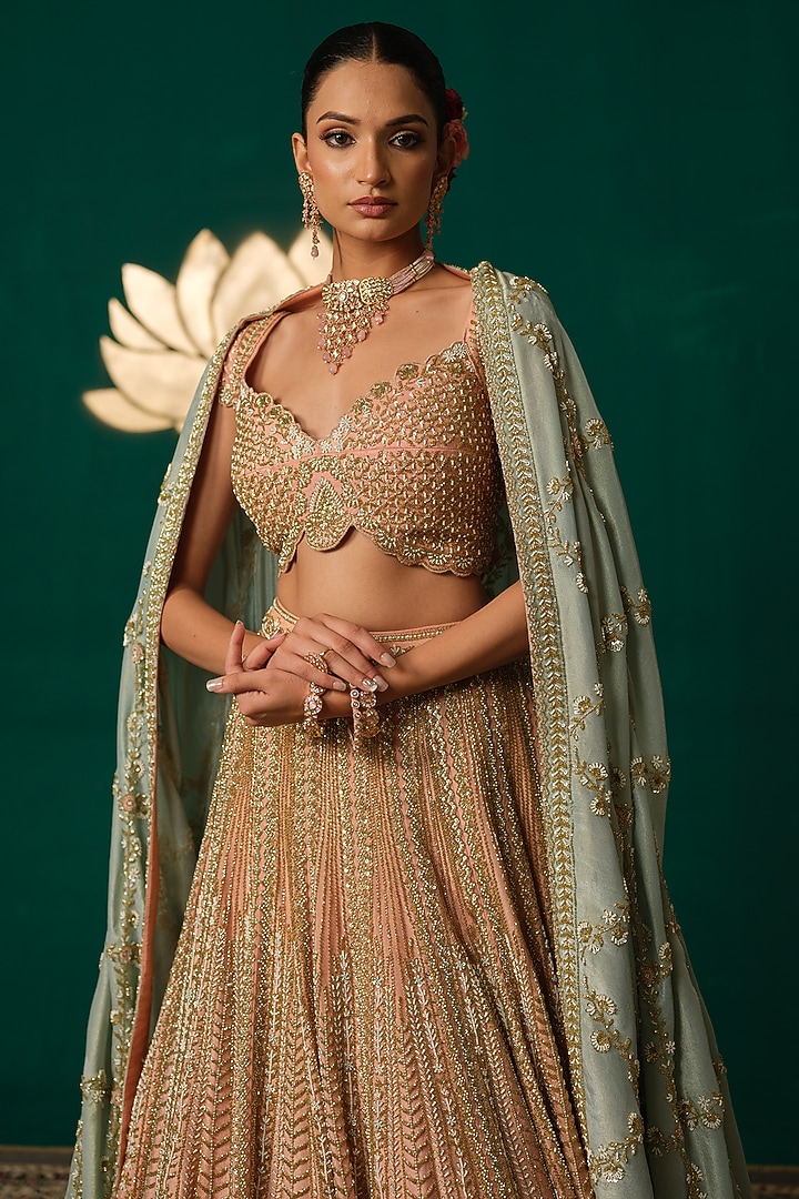 Pastel Peach Shimmer Tissue Bead & Thread Embroidered Bridal Lehenga Set by Niloufer by Aasif Ally at Pernia's Pop Up Shop