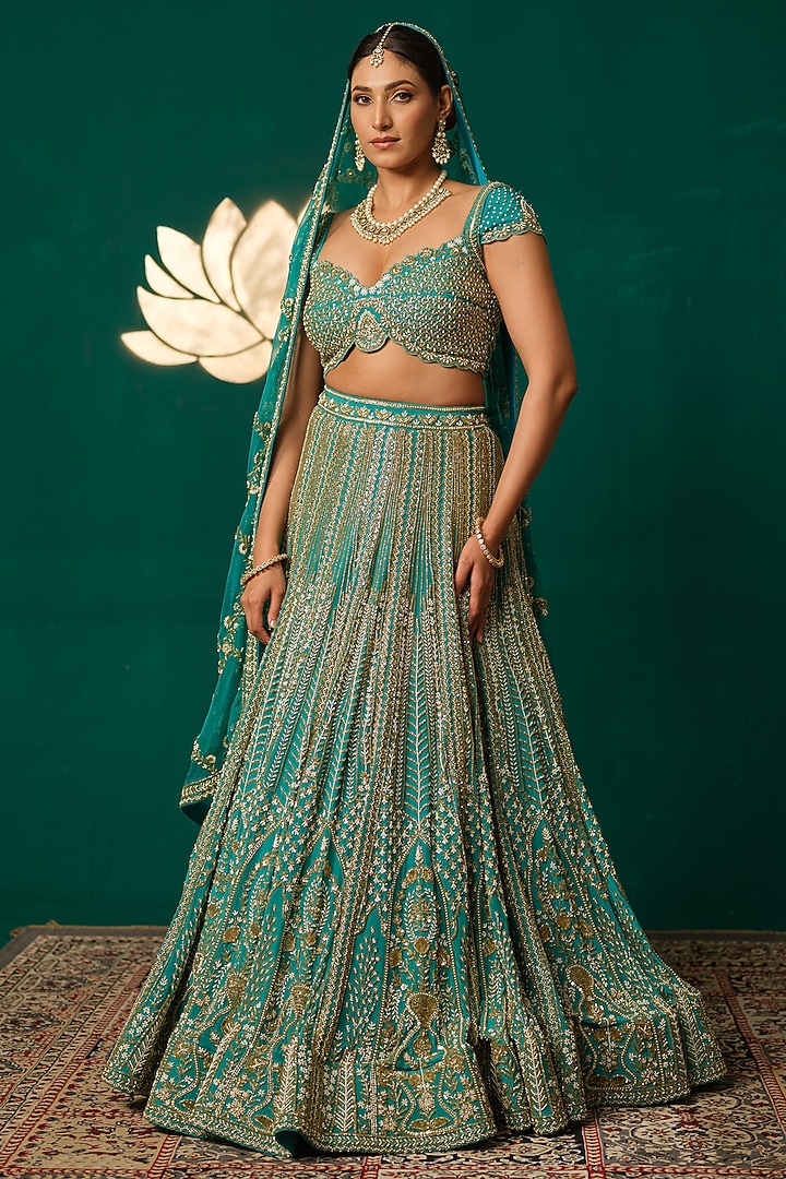 Teal Blue Crepe Thread & Sequin Embroidered Bridal Lehenga Set by Niloufer by Aasif Ally at Pernia's Pop Up Shop
