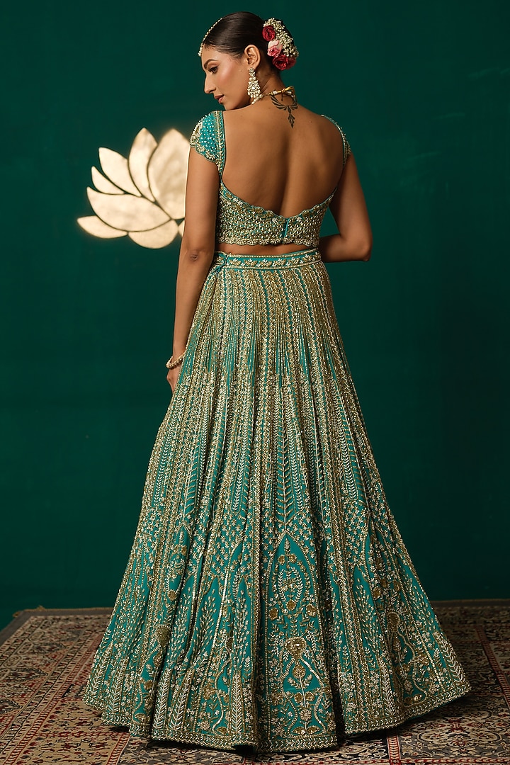 Teal Blue Crepe Thread & Sequin Embroidered Bridal Lehenga Set by Niloufer by Aasif Ally at Pernia's Pop Up Shop