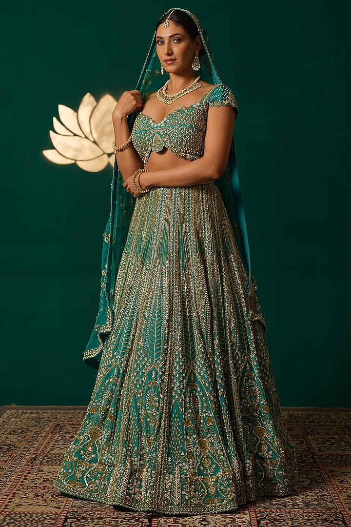 Teal Blue Crepe Thread & Sequin Embroidered Bridal Lehenga Set by Niloufer by Aasif Ally at Pernia's Pop Up Shop