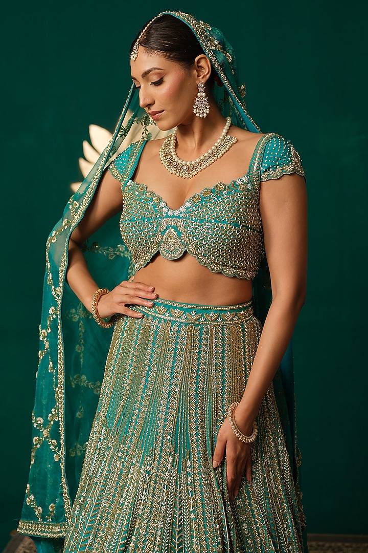 Teal Blue Crepe Thread & Sequin Embroidered Bridal Lehenga Set by Niloufer by Aasif Ally at Pernia's Pop Up Shop