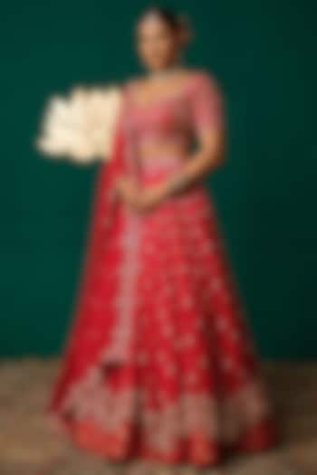 Red Tissue Zardosi & Cutdana Hand Embroidered Wedding Lehenga Set by Niloufer by Aasif Ally at Pernia's Pop Up Shop