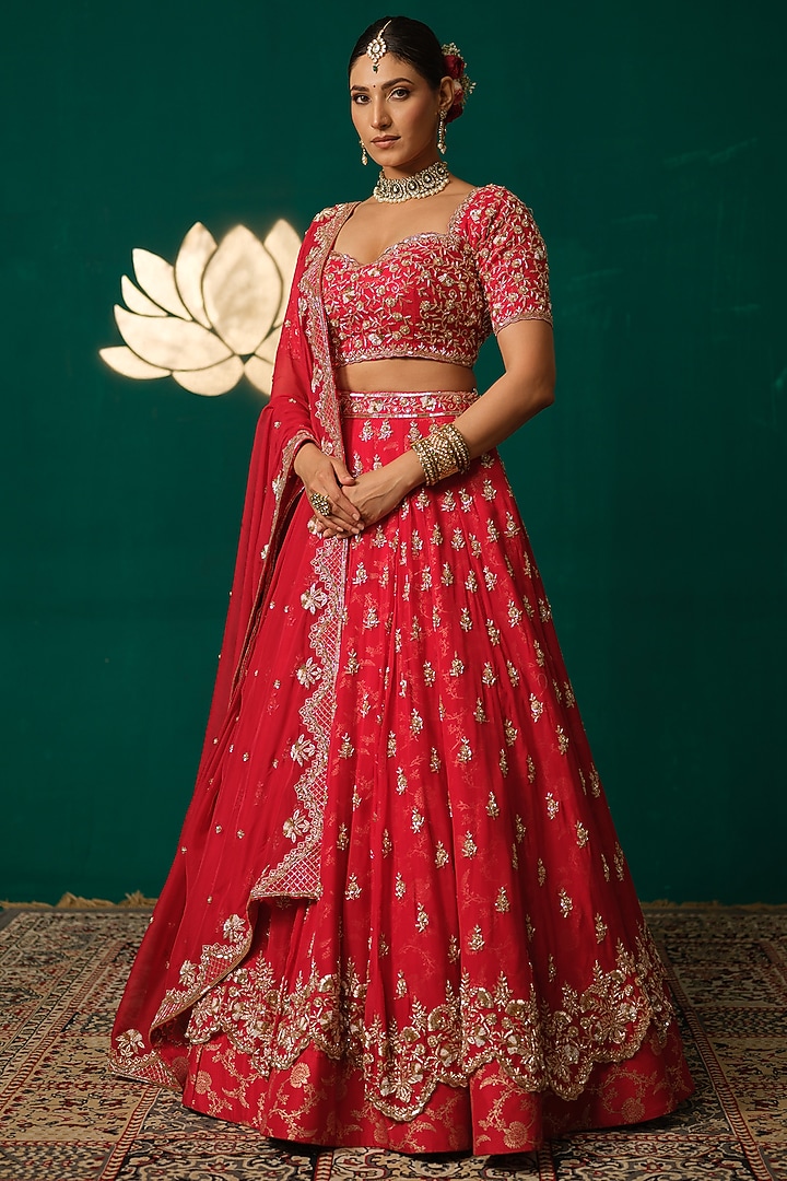 Red Tissue Zardosi & Cutdana Hand Embroidered Wedding Lehenga Set by Niloufer by Aasif Ally at Pernia's Pop Up Shop