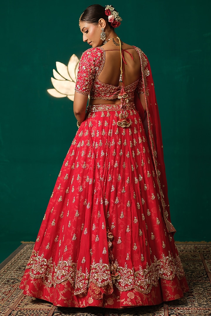 Red Tissue Zardosi & Cutdana Hand Embroidered Bridal Lehenga Set by Niloufer by Aasif Ally at Pernia's Pop Up Shop