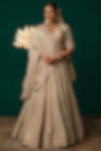 Cream Shimmer Tissue Zardosi & Sequin Hand Embroidered Bridal Lehenga Set by Niloufer by Aasif Ally at Pernia's Pop Up Shop