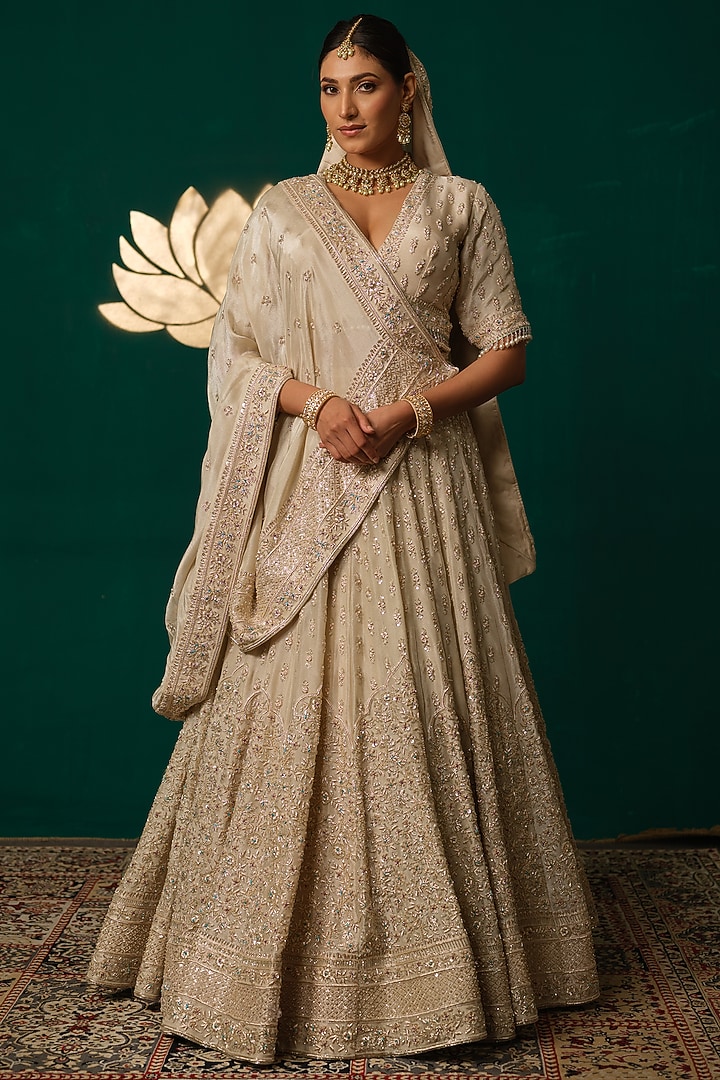 Cream Shimmer Tissue Zardosi & Sequin Hand Embroidered Bridal Lehenga Set by Niloufer by Aasif Ally at Pernia's Pop Up Shop