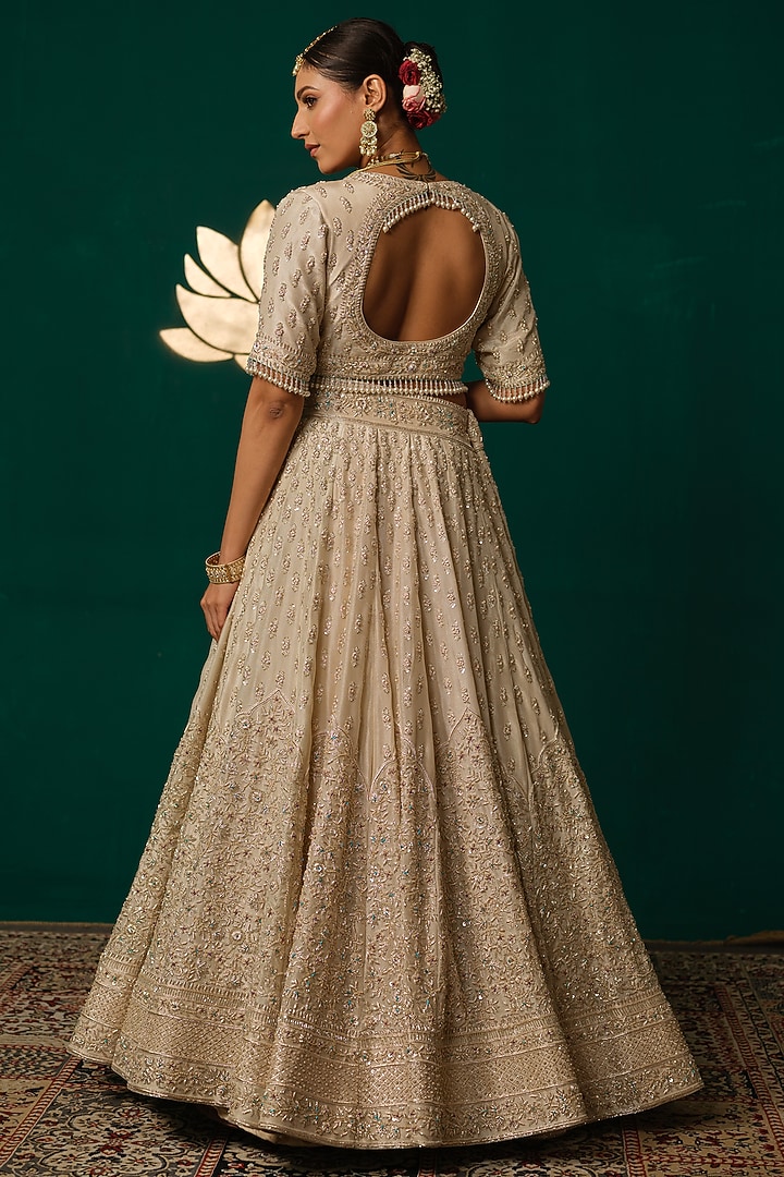 Cream Shimmer Tissue Zardosi & Sequin Hand Embroidered Bridal Lehenga Set by Niloufer by Aasif Ally at Pernia's Pop Up Shop