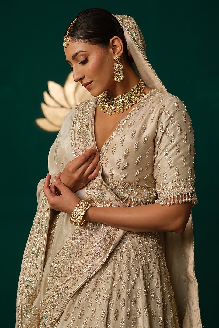 Cream Shimmer Tissue Zardosi & Sequin Hand Embroidered Bridal Lehenga Set by Niloufer by Aasif Ally at Pernia's Pop Up Shop