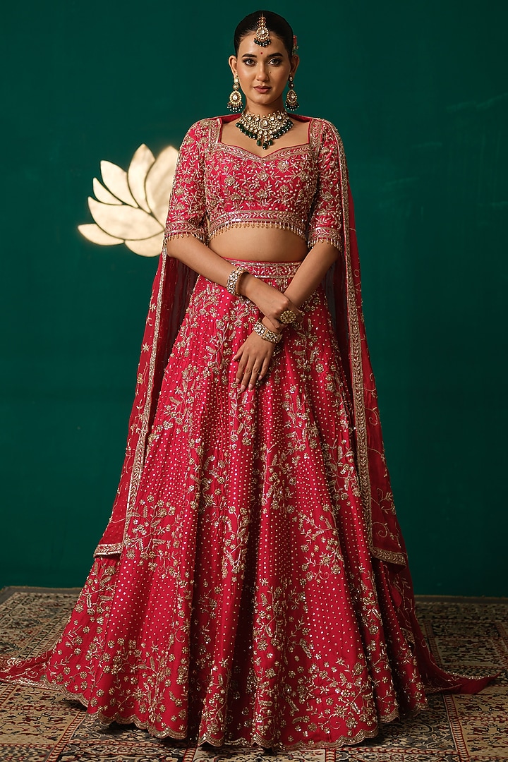 Red Silk Floral & Zardosi Embroidered Bridal Lehenga Set by Niloufer by Aasif Ally at Pernia's Pop Up Shop