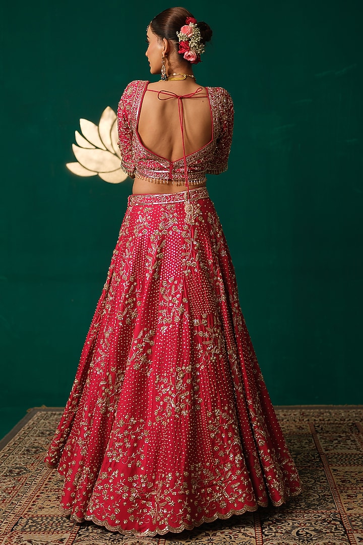 Red Silk Floral & Zardosi Embroidered Bridal Lehenga Set by Niloufer by Aasif Ally at Pernia's Pop Up Shop