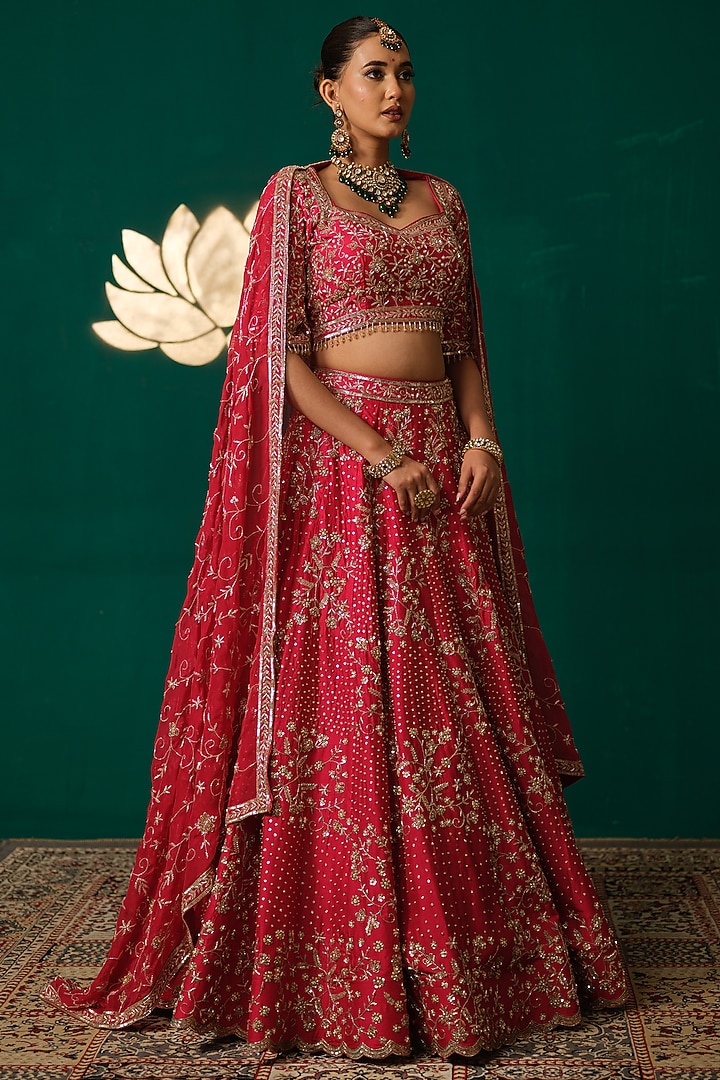 Red Silk Floral & Zardosi Embroidered Bridal Lehenga Set by Niloufer by Aasif Ally at Pernia's Pop Up Shop