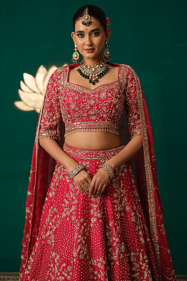 Red Silk Floral & Zardosi Embroidered Bridal Lehenga Set by Niloufer by Aasif Ally at Pernia's Pop Up Shop