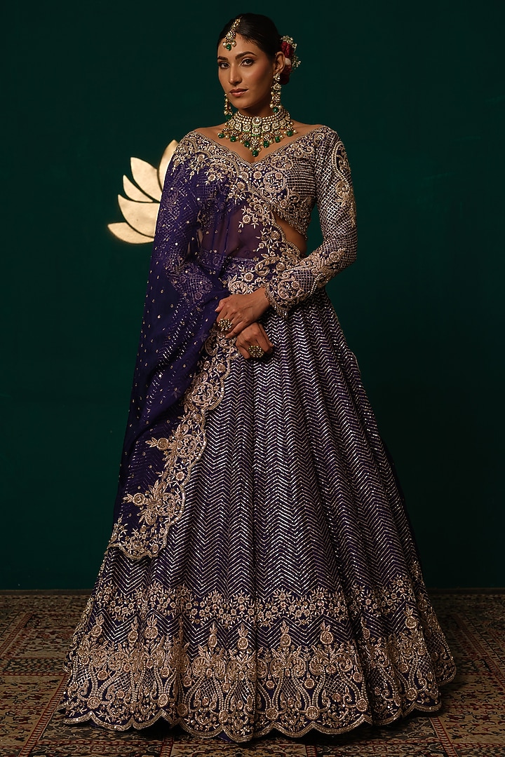 Deep Purple Silk Sequin Embroidered Bridal Lehenga Set by Niloufer by Aasif Ally at Pernia's Pop Up Shop