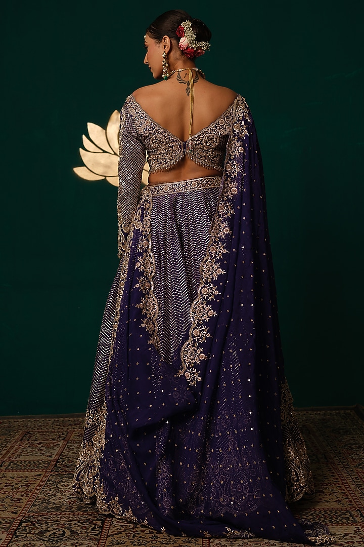 Deep Purple Silk Sequin Embroidered Bridal Lehenga Set by Niloufer by Aasif Ally at Pernia's Pop Up Shop
