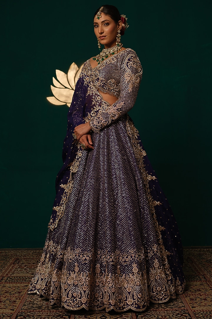 Deep Purple Silk Sequin Embroidered Bridal Lehenga Set by Niloufer by Aasif Ally at Pernia's Pop Up Shop