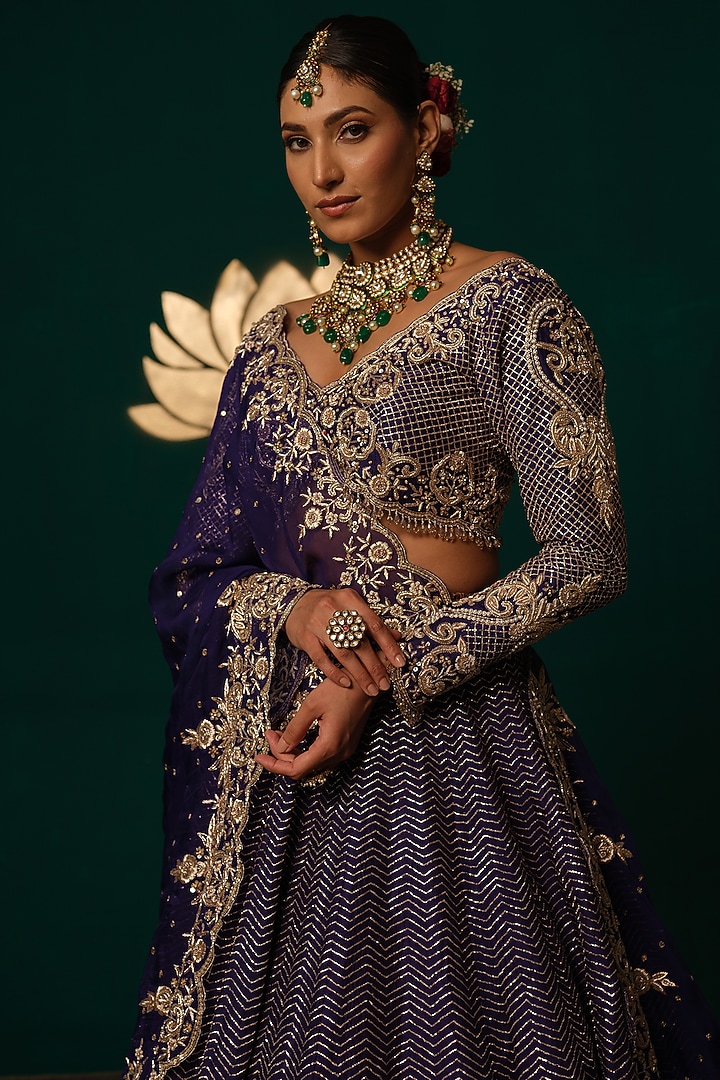 Deep Purple Silk Sequin Embroidered Bridal Lehenga Set by Niloufer by Aasif Ally at Pernia's Pop Up Shop